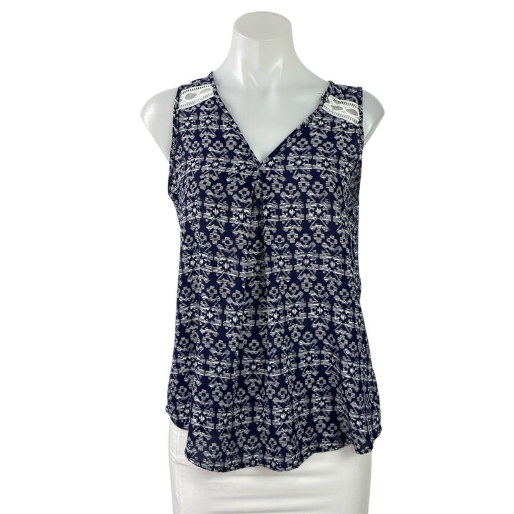 Papermoon Women's Navy Blue Geometric V Neck Sleeveless Tank Blouse Top Size S