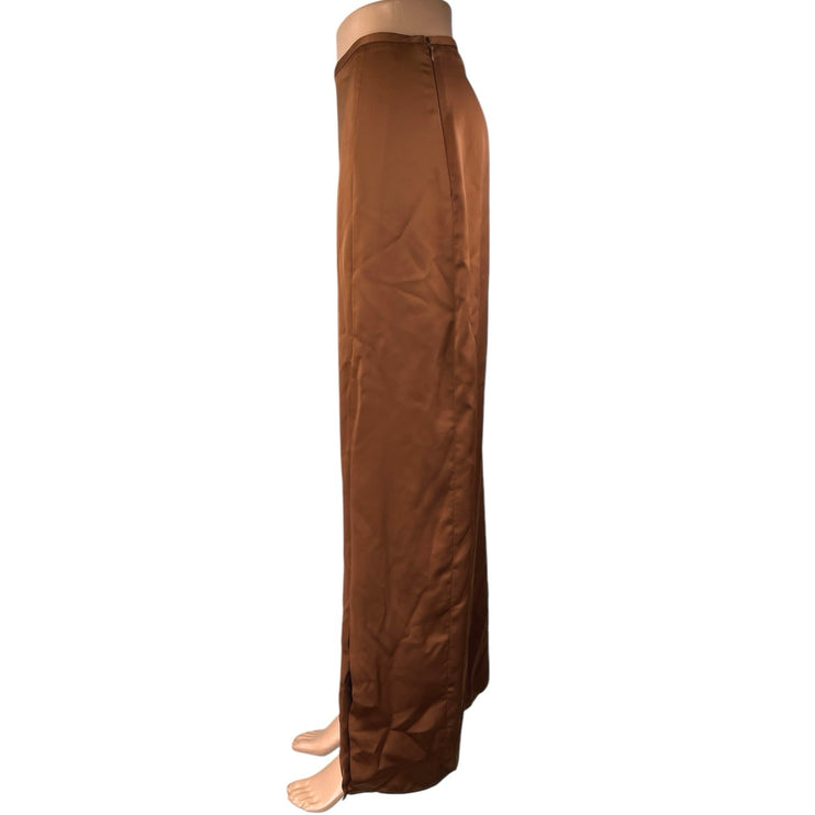 Club Monaco Brown Silk Satin High Waisted Slit Full Straight Maxi Slip Skirt 8