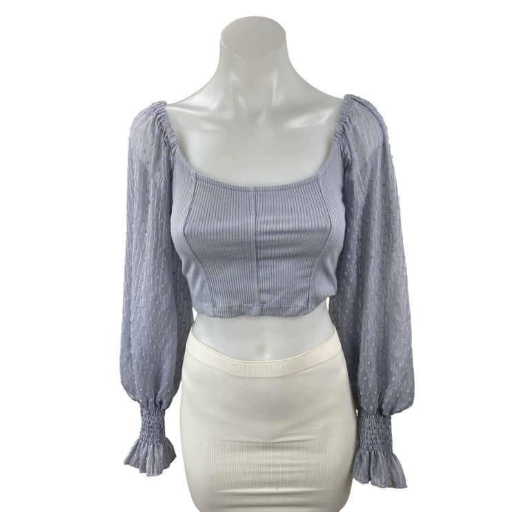 Urban Outfitters Cynthia Blue Clip Dotted Sleeve Square Neck Crop Blouse Top M