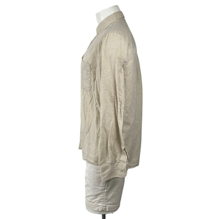 Zara Men's Beige Linen Collared Long Sleeve Chest Pocket Button Down Shirt Top L