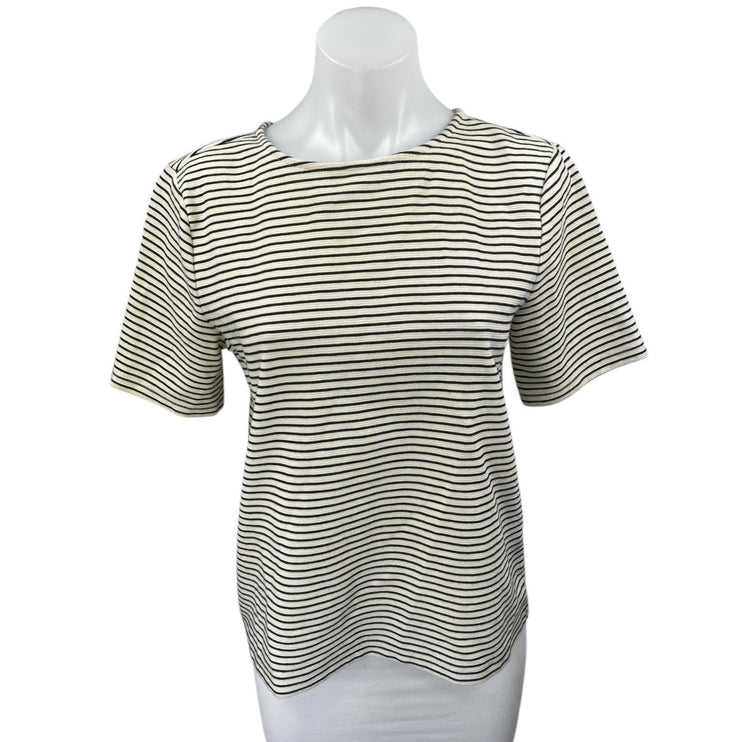 Ann Taylor Loft White Black Striped Short Sleeve Zipper Blouse Shirt Top Size XS