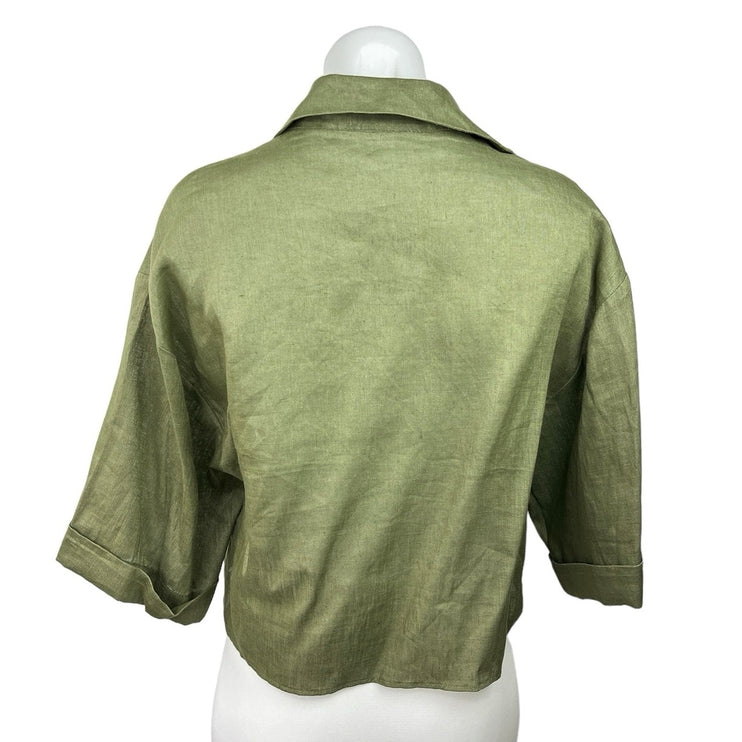 Zara 100% Linen Green Cropped Collared Wide Short Sleeves Button Up Shirt Top XS