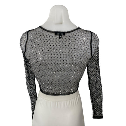 Top Chic Black Rhinestone Mesh Sheer Sparkly Long Sleeve Blouse Crop Top Size S