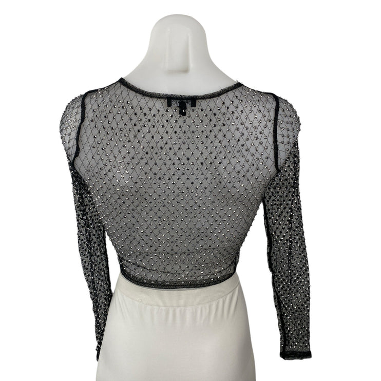 Top Chic Black Rhinestone Mesh Sheer Sparkly Long Sleeve Blouse Crop Top Size S