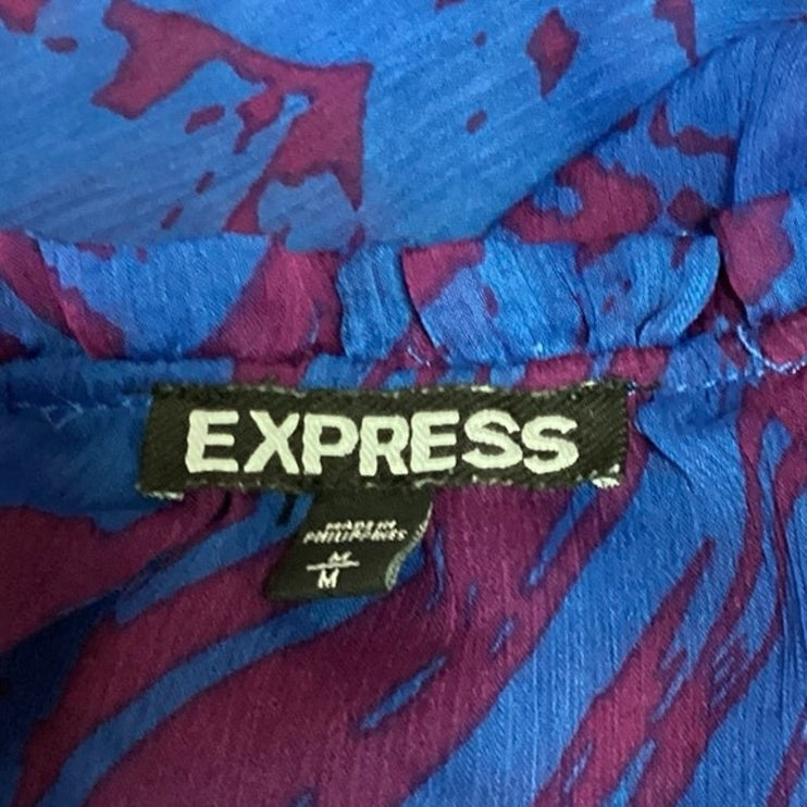 Express Blue Purple Zebra Print Pleated Ruffle Neck Sheer Pop Over Blouse Top M