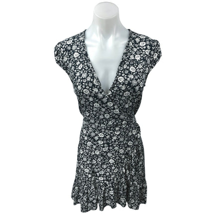 J.Crew Navy Blue Floral Ruffle Faux Wrap V-Neck Short Sleeve Mini A-Line Dress 4