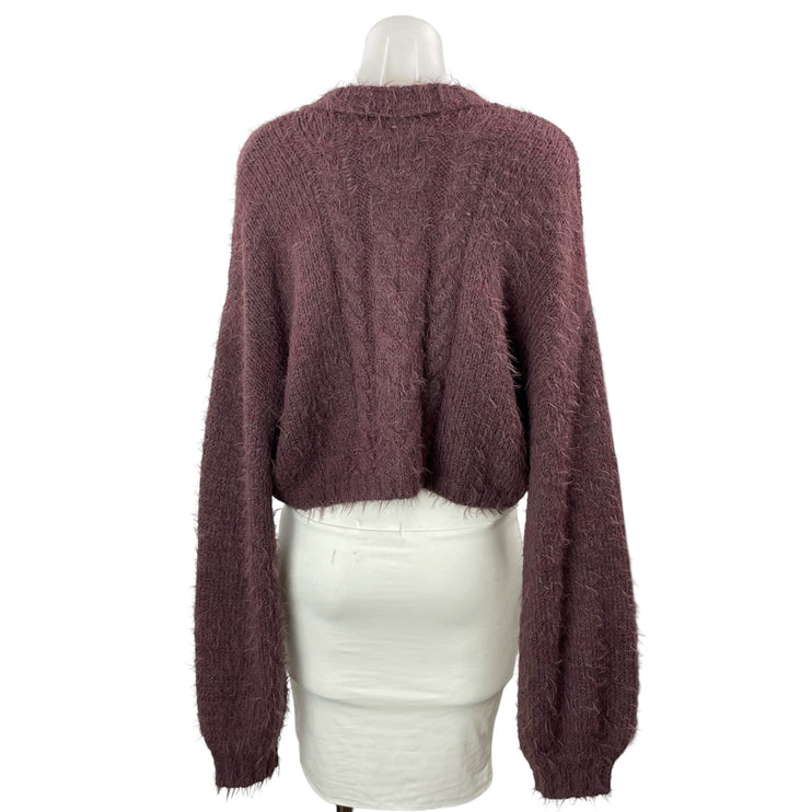 Free People Willow Brown Wool Long Balloon Sleeve Crop Cardigan Sweater Top M