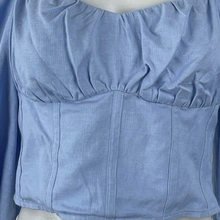NEW & Other Stories Blue Linen Puff Sleeve Smocked Slim Crop Corset Blouse Top 8