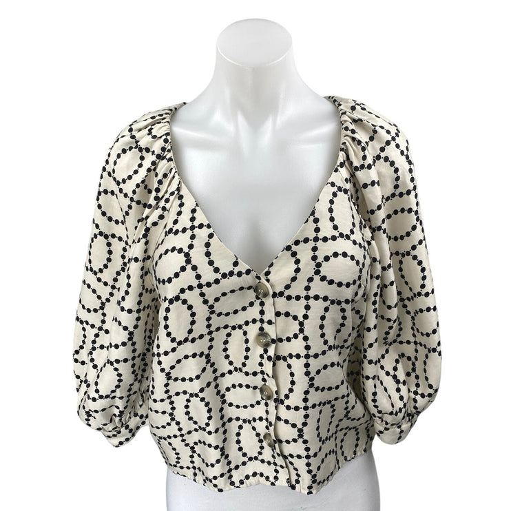 H&M Cream White Silky Satin Puff Sleeve V-Neck Button Up Blouse Shirt Top Sz XXS