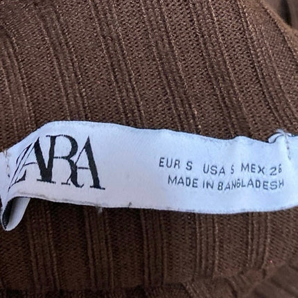 Zara Women Brown Long Sleeve Ribbed Knit Turtleneck Slim Fit Sweater Top Size S