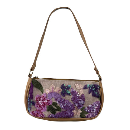 Women's Tan Purple Floral Sequin Embroidered Y2k Baguette Shoulder Handbag OS