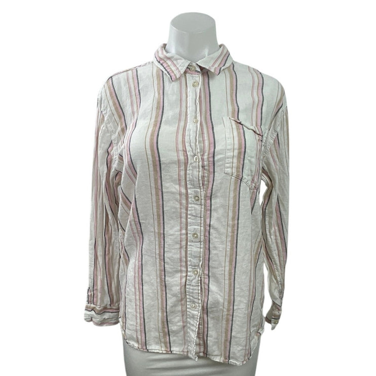 Gap White Pink Striped Linen Long Sleeve Pocket Button Down Shirt Top Size M