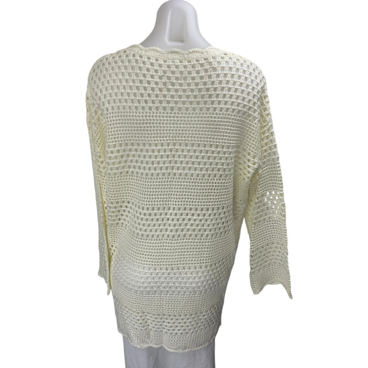 Women's Cream Open Knit Scallop Long Sleeve Tunic Dress Cover Up Sweater Size M
