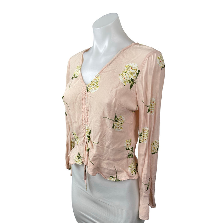 Topshop Women's Pink Long Sleeve Ruched Tie V Neck Cropped Blouse Top Size 4