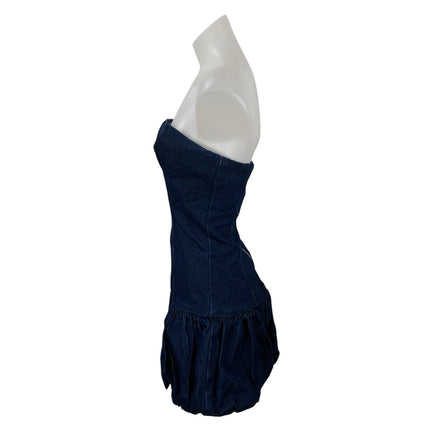 NEW PrettyLittleThing Blue Strapless Tube Bandeau Ruffle Mini Denim Jean Dress 2