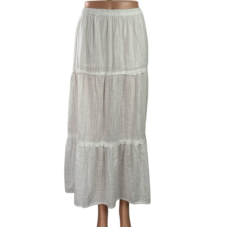 Roxy Womens White Elastic Waist Tiered Lace Trim Maxi Boho A-Line Skirt Sz XS/6