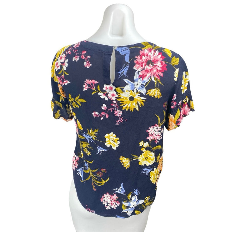 Ann Taylor LOFT Women Blue Floral Short Sleeve T Shirt Tee Blouse Top Size XS