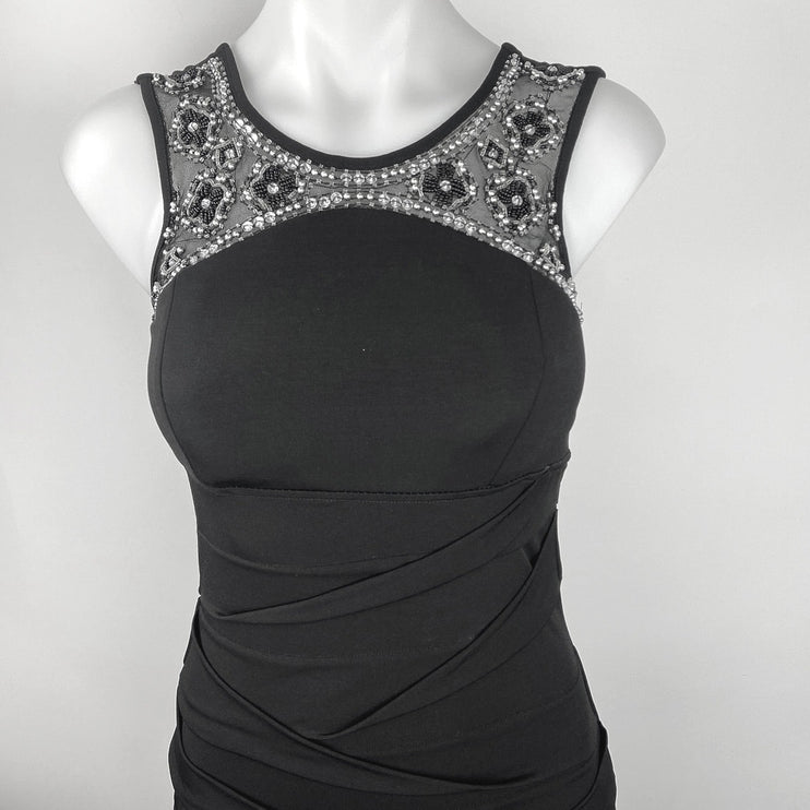 Deb Black Beaded Embellished Sleeveless Ruched Cocktail Bodycon Mini Dress Sz S