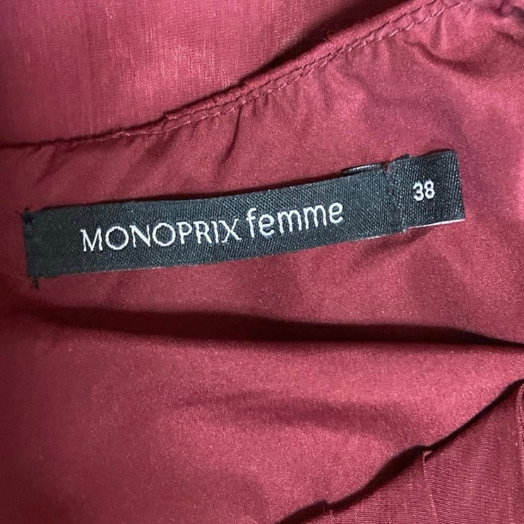 MONOPRIX Red Sleeveless Pleated Crewneck A-line Party Cocktail Maxi Dress Sz 38