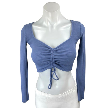 Zara Women's Blue Long Sleeve Ribbed Knit Ruched Tie Front Crop Top Size S