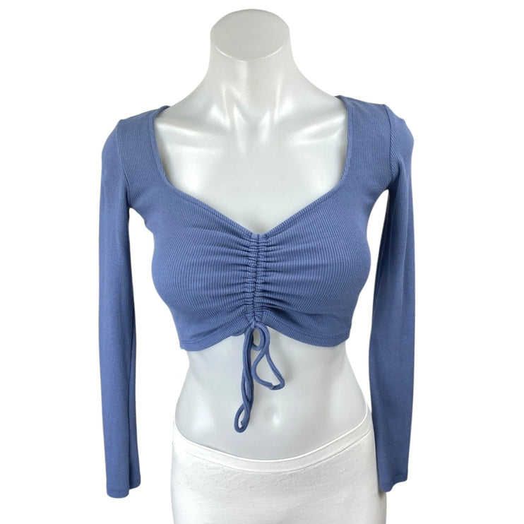 Zara Women's Blue Long Sleeve Ribbed Knit Ruched Tie Front Crop Top Size S
