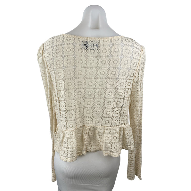 ASOS Women's Cream Crochet Knit Lace Boho Long Sleeve Peplum Blouse Top Size 12