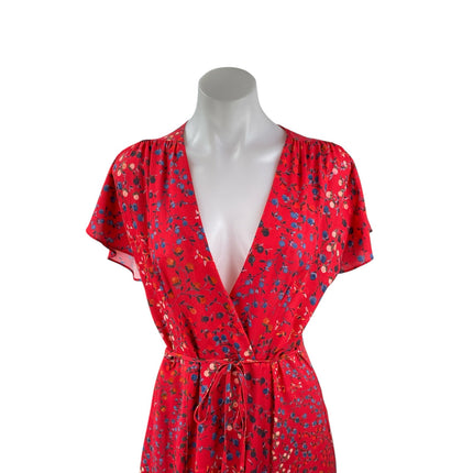 French Connection Red Floral Short Sleeve V Neck Tie Waist A Line Maxi Dress XXS