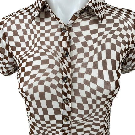 NEW No Boundaries Brown White Gingham Check Illusion Button Down Shirt Top S
