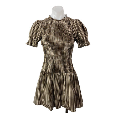 Reformation Leannah Brown Short Puff Sleeves Plaid Check Smocked Mini Dress Sz 2