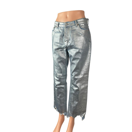 Free People Metallic Silver Raw Frayed Hem Barrel Wide Leg Denim Jeans Pants 26