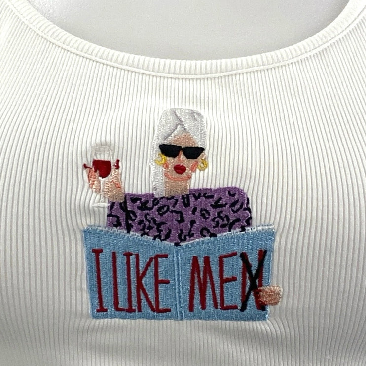 Women's White Embroidered I Like Men Rib Knit Sleeveless Cami Tank Top Size S