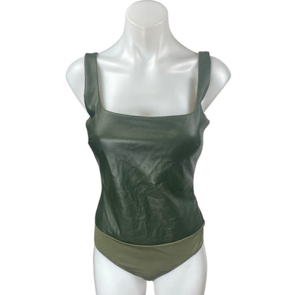4SI3NNAI Green Sleeveless Faux Leather Vegan Open Back Tank Bodysuit Top Size XS
