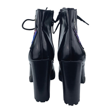 ALDO Glitteratti Black Patchworks Lace Up High Heels Ankle Combat Boots Size 8.5