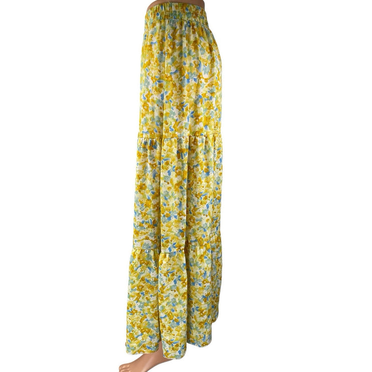 Shein Yellow Floral Tiered Cottage Peasant Pull On A Line Maxi Skirt Size 6