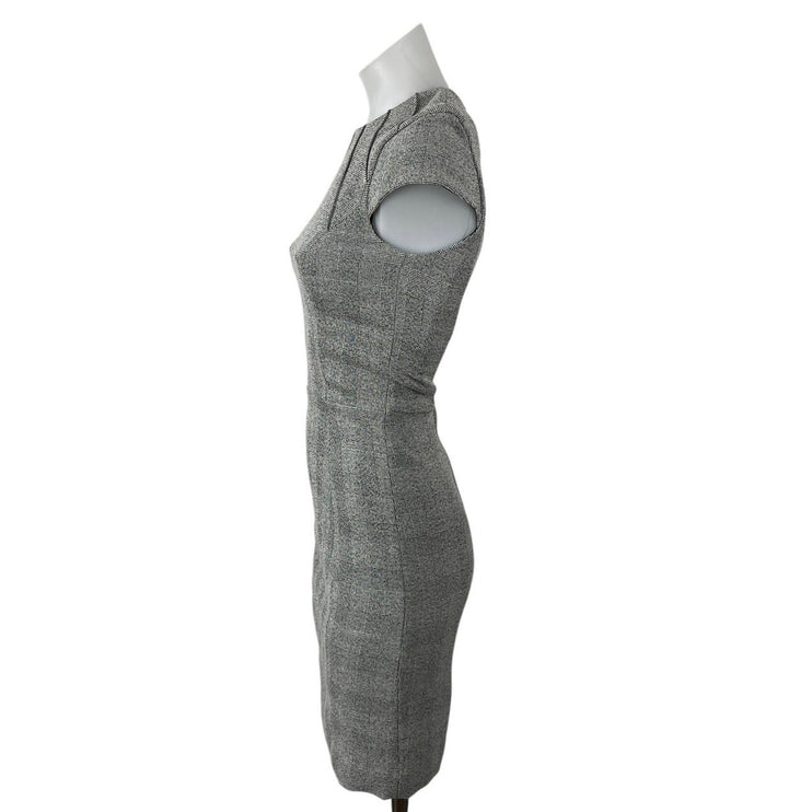 H&M Women's Gray Plaid Short Cap Sleeve Crew Zip Slit Mini Bodycon Dress Size 0