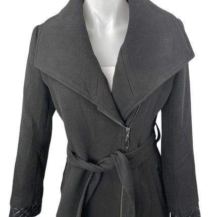 ASM Asmanto Black Zip Up Long Sleeve Wide Collar Belted Trench Coat Jacket Sz 8