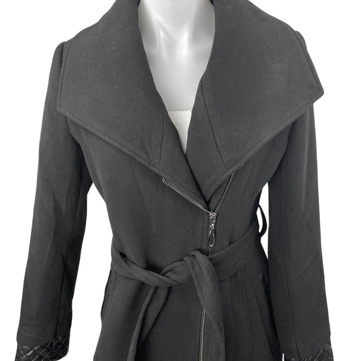 ASM Asmanto Black Zip Up Long Sleeve Wide Collar Belted Trench Coat Jacket Sz 8
