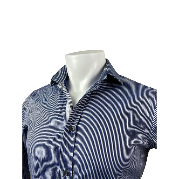 Zara Men Navy Blue Pinstriped Tailored Long Sleeve Button Down Shirt Top Size 14