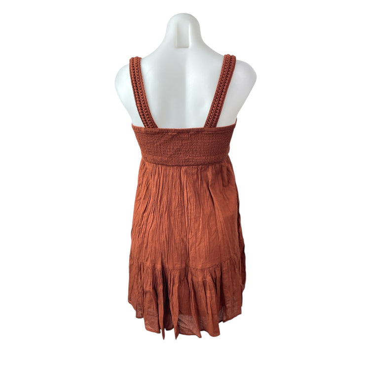 NEW Gap Brown Sleeveless Smocked Crochet Knit Cami Tiered A Line Mini Dress XS