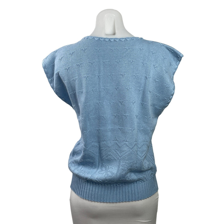 Vintage Women's Blue Short Sleeve Embroidered Floral Textured Sweater Top Size M