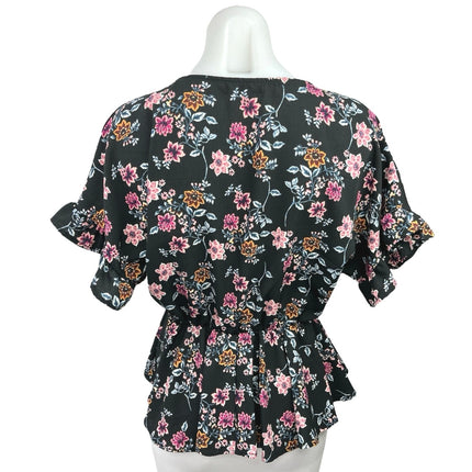 Francesca's Mi Ami Black Floral Faux Wrap V-Neck Ruffle Peplum Blouse Top Sz XS