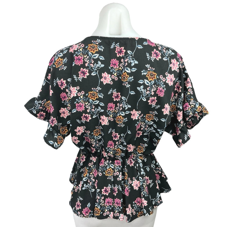 Francesca's Mi Ami Black Floral Faux Wrap V-Neck Ruffle Peplum Blouse Top Sz XS