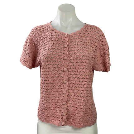 Jenny Womens Pink Eyelet Crochet Button Down Short Sleeve Cardigan Sweater Top S