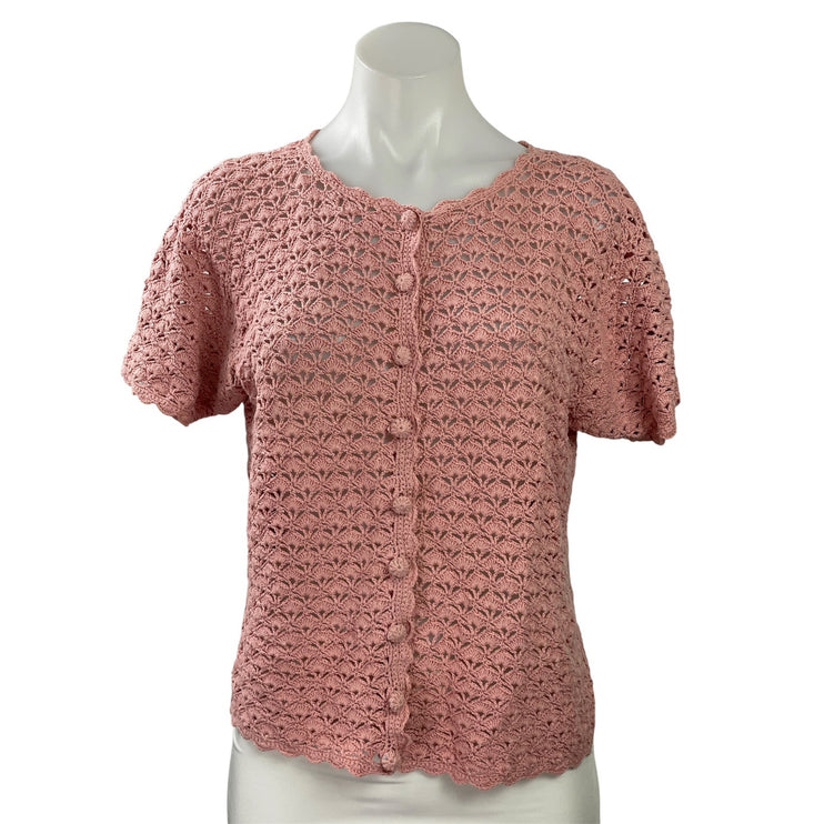 Jenny Womens Pink Eyelet Crochet Button Down Short Sleeve Cardigan Sweater Top S