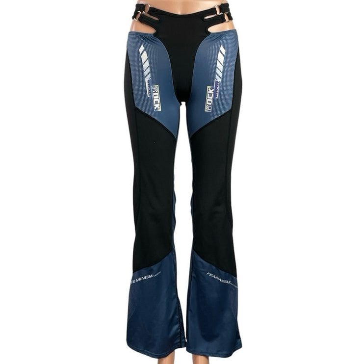 Blue Black Cutout Mid Waist Y2k 90s Flared Tight Colorblock Trousers Pants Sz XS