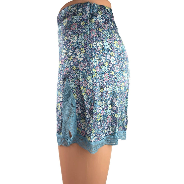 Frankies Bikinis Blue Lace Silk Satin Floral Print Mini Casual Pencil Skirt XS