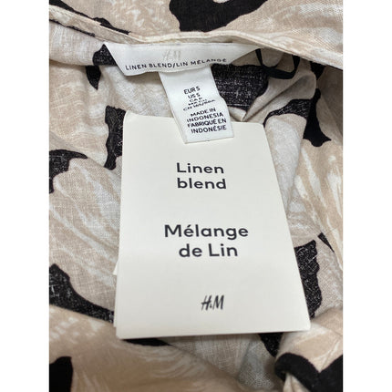 NEW H&M Beige Black Linen Seashells Print Long Sleeve Twist Front Crop Top Sz S
