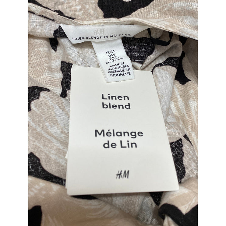NEW H&M Beige Black Linen Seashells Print Long Sleeve Twist Front Crop Top Sz S