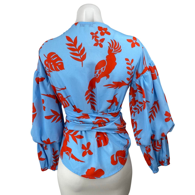 Jealous Tomato Blue Red Floral Long Balloon Sleeve Peplum Wrap Blouse Top Size M
