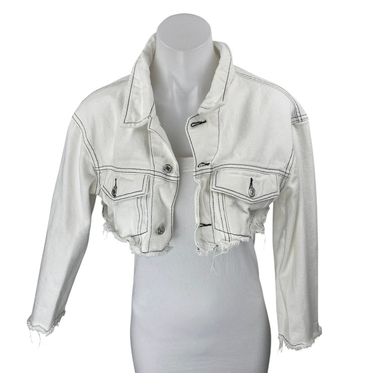 Oh My T Shirt Women's White Long Sleeve Cutoff Crop Denim Jean Jacket Size S